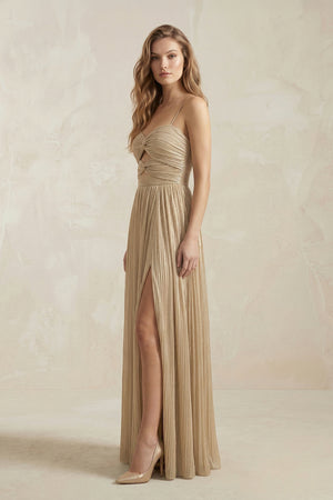 Champagne Sparkly Sequins Cami Strap Cut-Out A-Line Pleated Bridesmaid Dress (3) | KISSBRIDAL