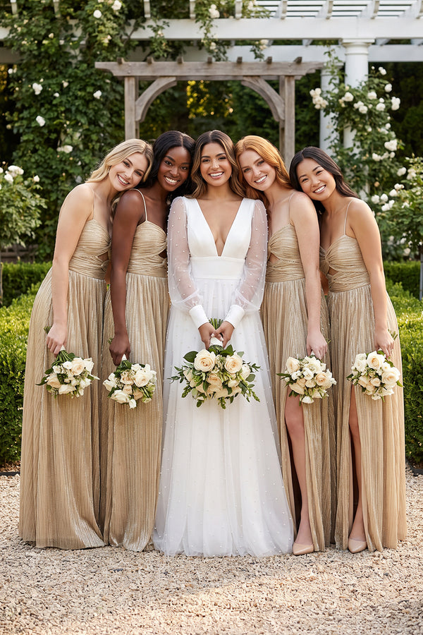 Champagne Sparkly Sequins Cami Strap Cut-Out A-Line Pleated Bridesmaid Dress (5) | KISSBRIDAL