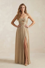Champagne Sparkly Sequins Cami Strap Cut-Out A-Line Pleated Bridesmaid Dress | KISSBRIDAL