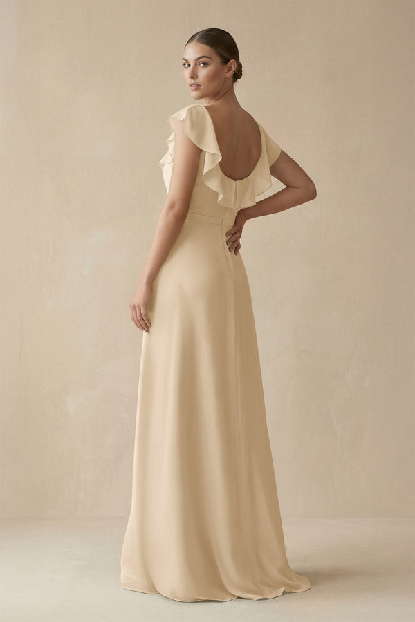 Champagne Square Neck A-Line Bridesmaid Dress with Ruffles (2) | KISSBRIDAL