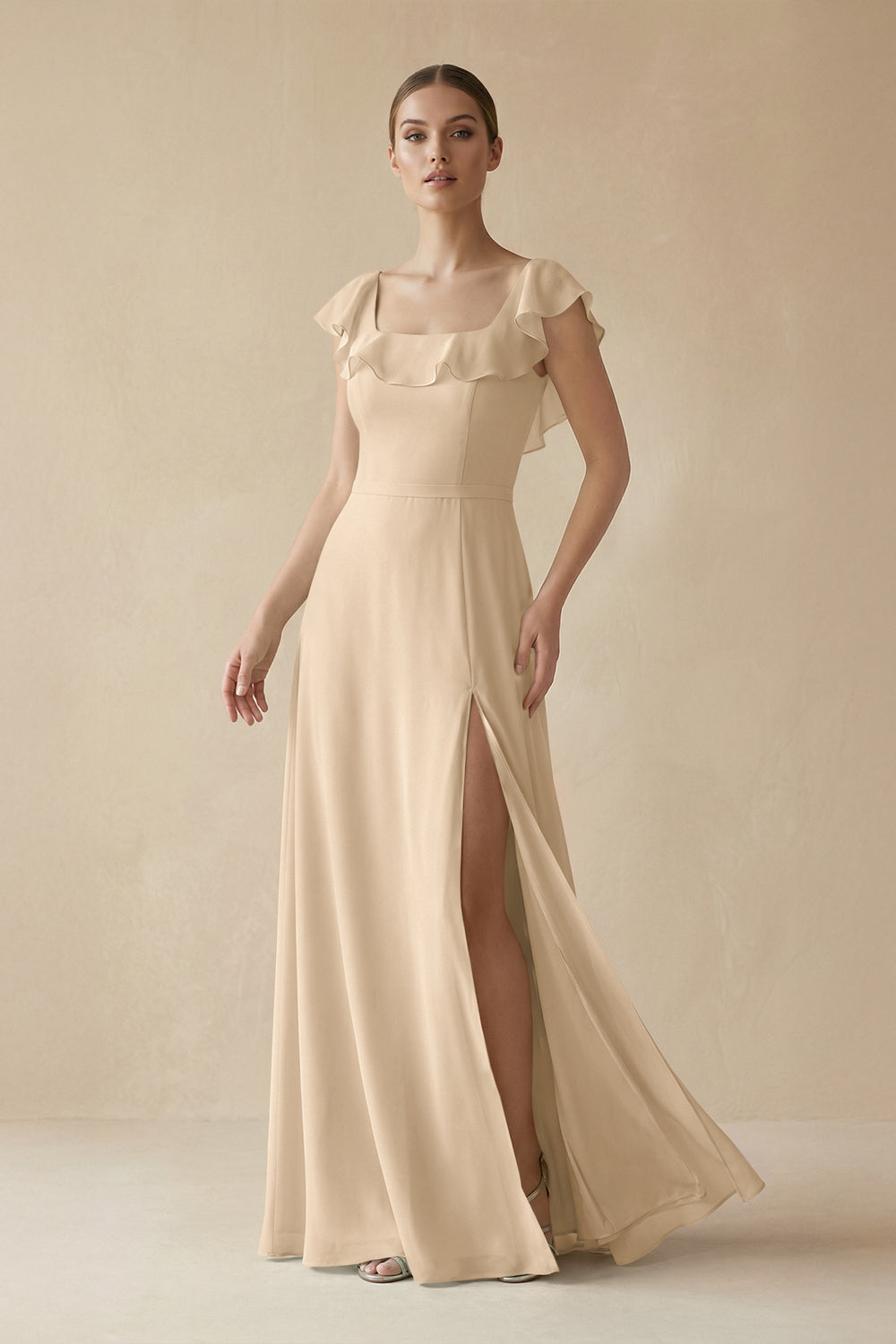 Square Neck A-Line Bridesmaid Dress with Ruffles in Champagne