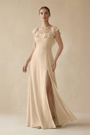 Champagne Square Neck A-Line Bridesmaid Dress with Ruffles | KISSBRIDAL