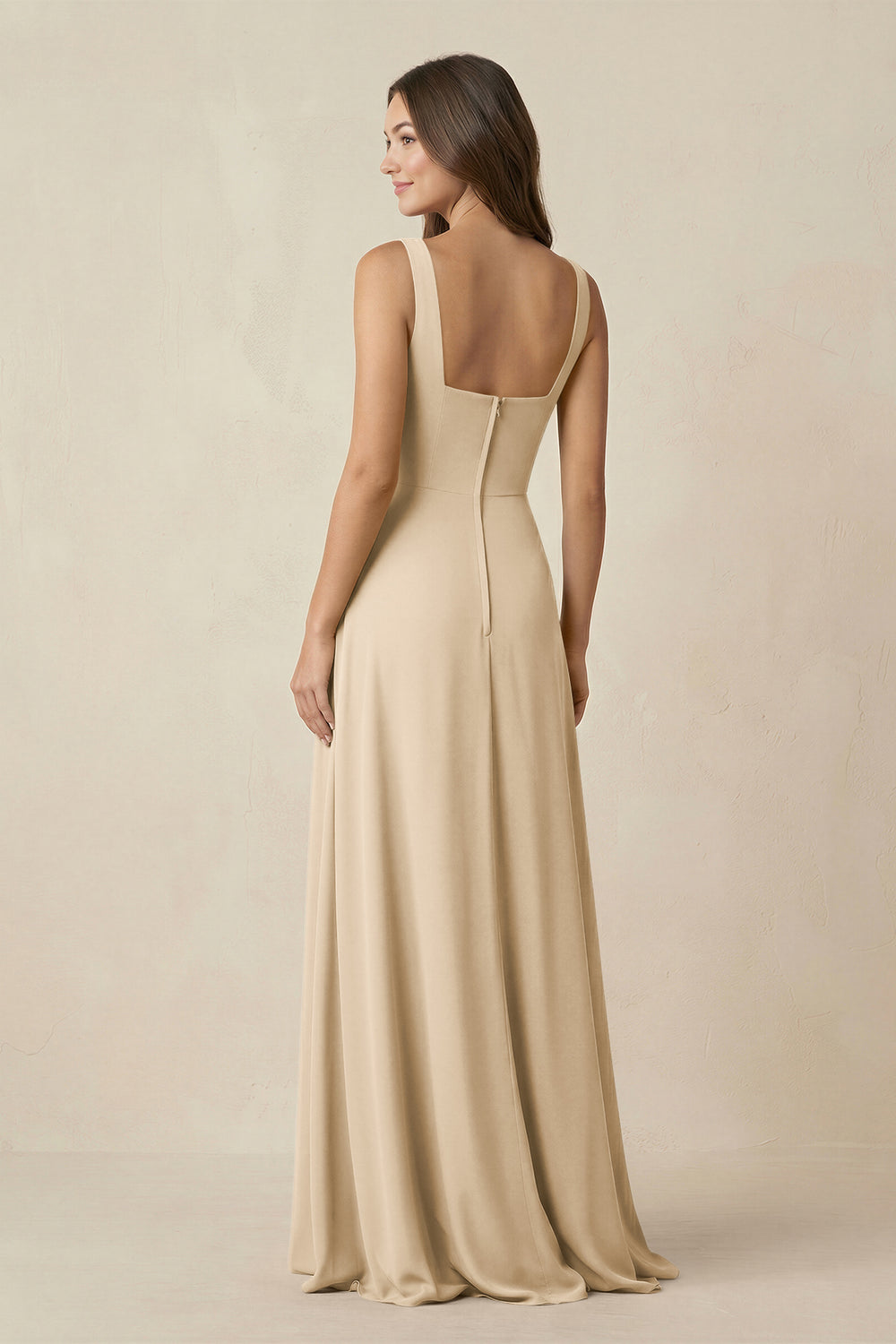 Square Neck A-Line Bridesmaid Dress With Slit in Champagne