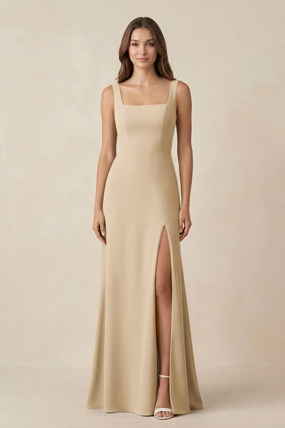 Square Neck A-Line Bridesmaid Dress With Slit in Champagne
