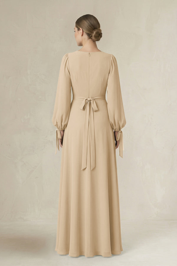 Champagne Square Neck Long Sleeve A-Line Chiffon Bridesmaid Dress in Champagne (2) | KISSBRIDAL