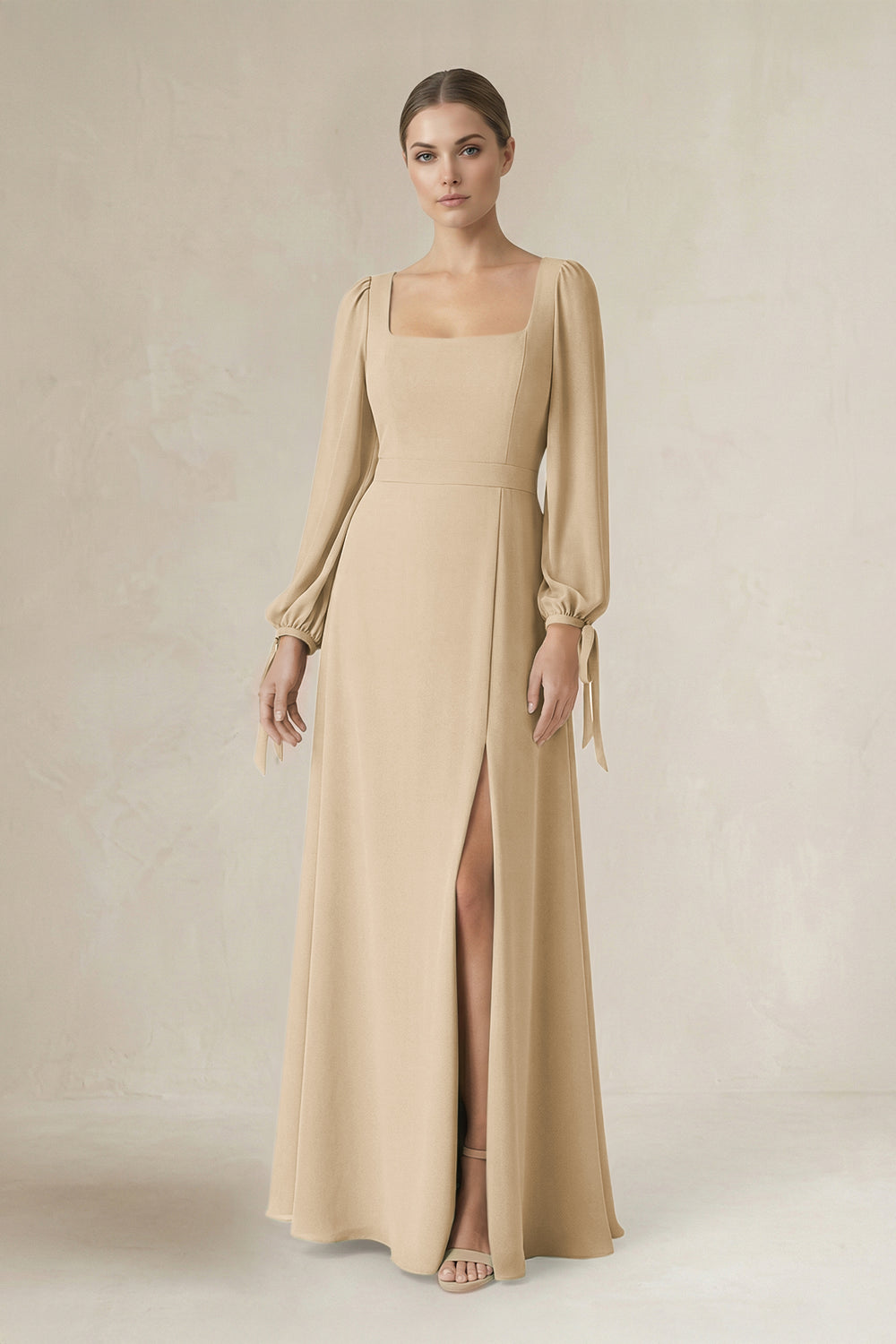 Square Neck Long Sleeve A-Line Chiffon Bridesmaid Dress in Champagne