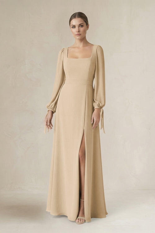 Champagne Square Neck Long Sleeve A-Line Chiffon Bridesmaid Dress in Champagne | KISSBRIDAL