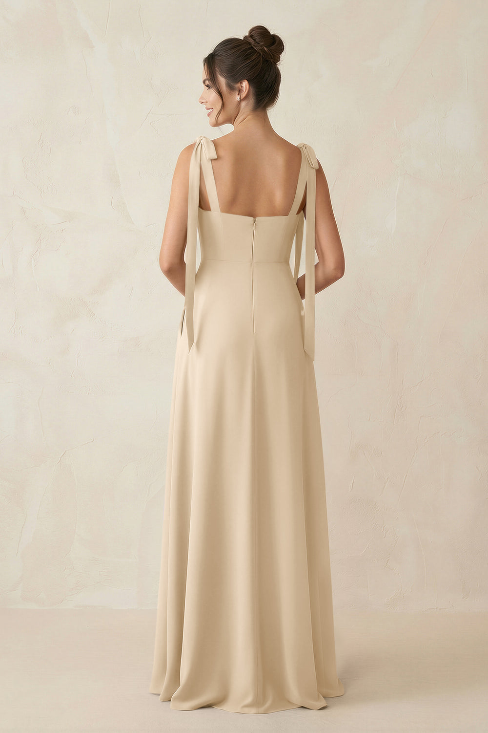 Square Neck Sheath Chiffon Bridesmaid Dress with Bow in Champagne