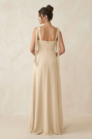Champagne Square Neck Sheath Chiffon Bridesmaid Dress with Bow (2) | KISSBRIDAL
