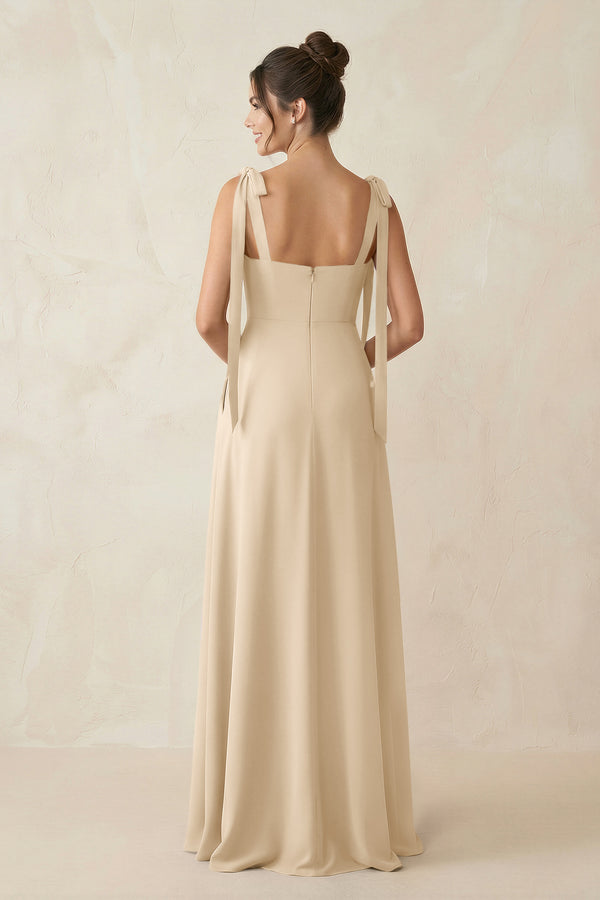 Champagne Square Neck Sheath Chiffon Bridesmaid Dress with Bow (2) | KISSBRIDAL