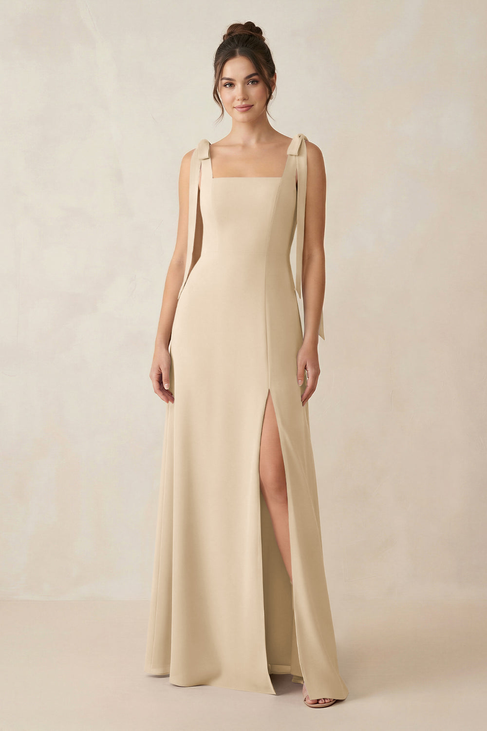 Square Neck Sheath Chiffon Bridesmaid Dress with Bow in Champagne