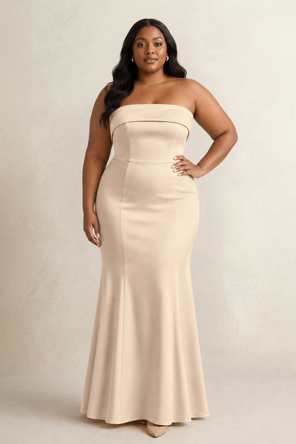 Champagne Strapless Satin Mermaid Bridesmaid Dress (3) [sizeplus] | KISSBRIDAL
