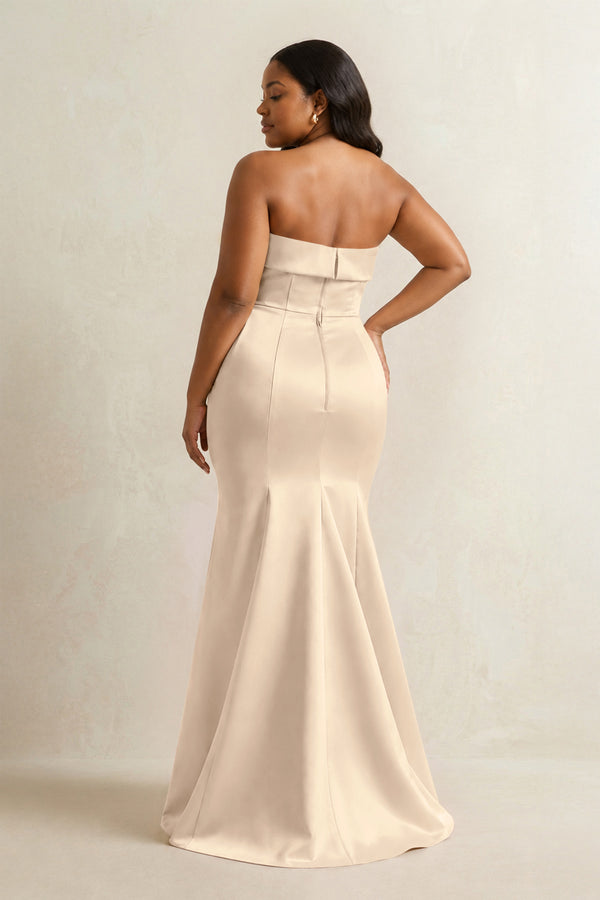 Champagne Strapless Satin Mermaid Bridesmaid Dress (4) [sizeplus] | KISSBRIDAL