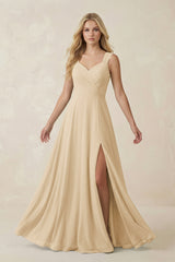 Champagne Sweetheart A-Line Chiffon Long Bridesmaid Dress | KISSBRIDAL