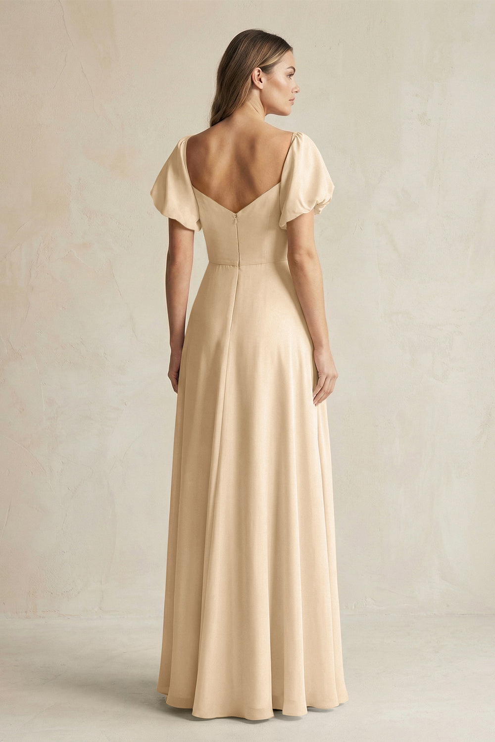 Sweetheart Puff Sleeve A-Line Chiffon Bridesmaid Dress in Champagne