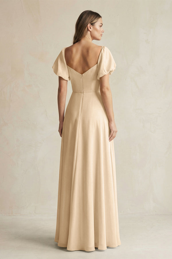 Champagne Sweetheart Puff Sleeve A-Line Chiffon Bridesmaid Dress (2) | KISSBRIDAL