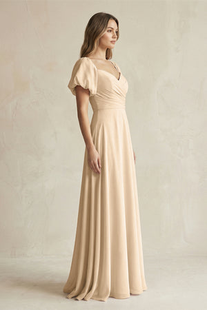 Champagne Sweetheart Puff Sleeve A-Line Chiffon Bridesmaid Dress (3) | KISSBRIDAL