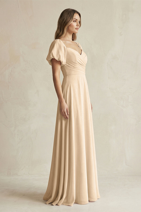 Champagne Sweetheart Puff Sleeve A-Line Chiffon Bridesmaid Dress (3) | KISSBRIDAL
