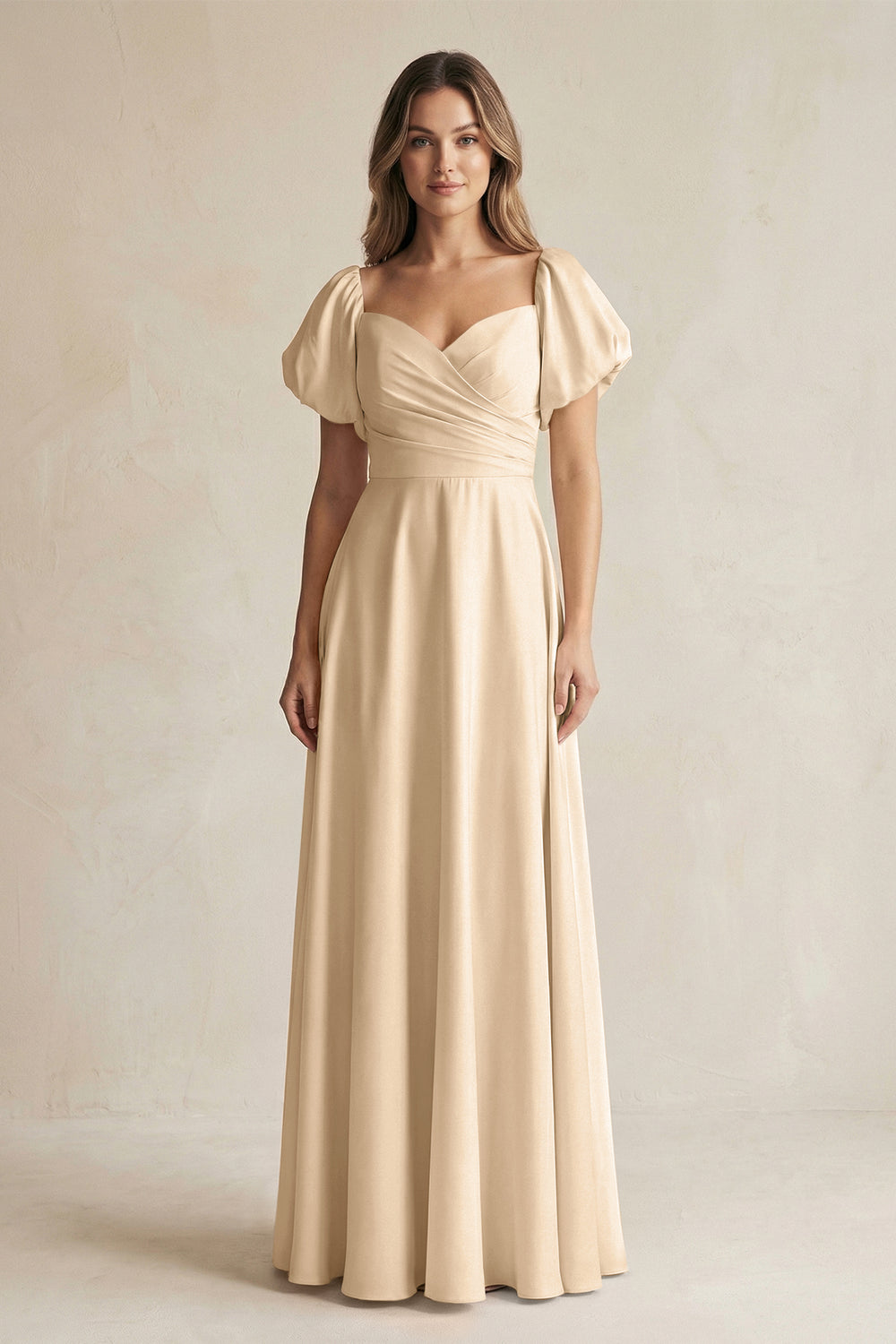 Sweetheart Puff Sleeve A-Line Chiffon Bridesmaid Dress in Champagne