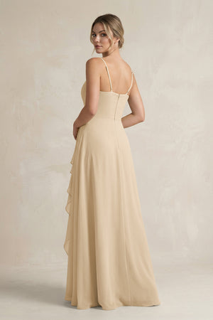 Champagne Sweetheart Ruffled A-Line Chiffon Bridesmaid Dress with Slit (2) | KISSBRIDAL