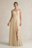 Champagne Sweetheart Ruffled A-Line Chiffon Bridesmaid Dress with Slit | KISSBRIDAL
