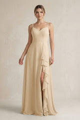 Champagne Sweetheart Ruffled A-Line Chiffon Bridesmaid Dress with Slit | KISSBRIDAL