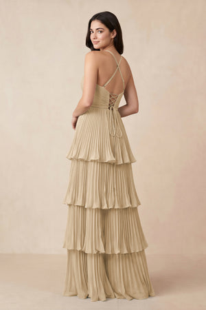 Champagne Tiered Pleated V-Neck A-Line Chiffon Bridesmaid Dress (2) | KISSBRIDAL