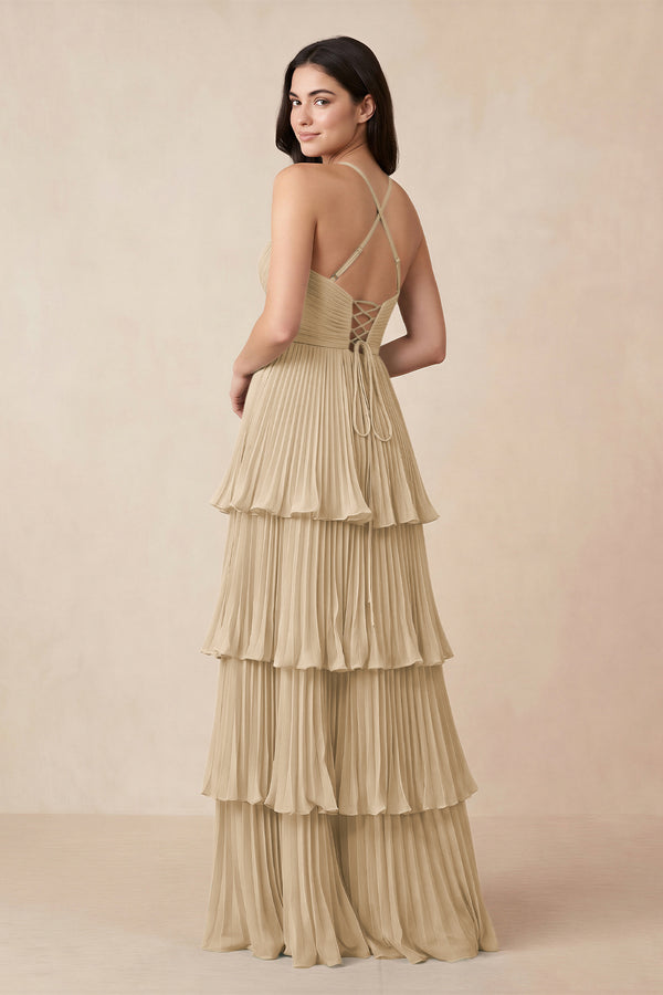 Champagne Tiered Pleated V-Neck A-Line Chiffon Bridesmaid Dress (2) | KISSBRIDAL