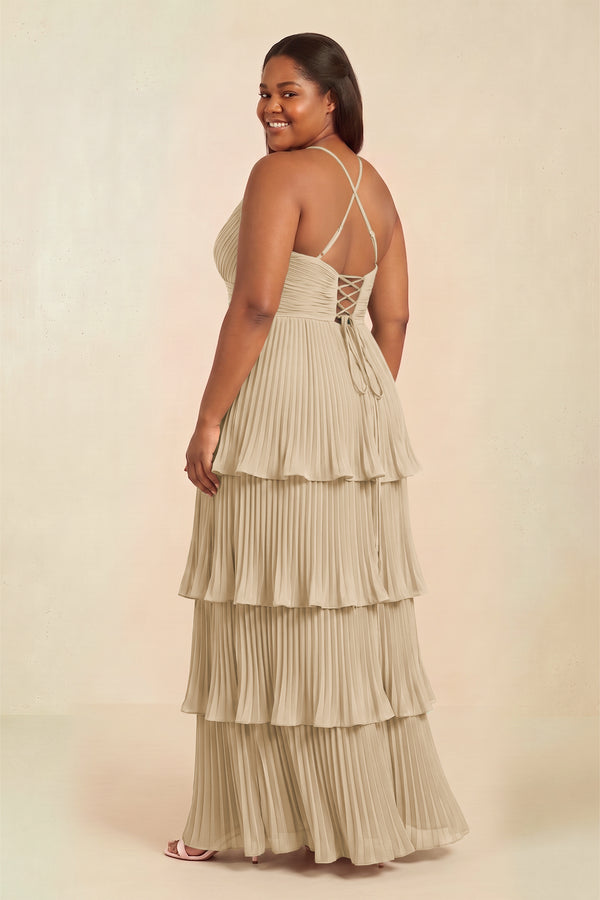 Champagne Tiered Pleated V-Neck A-Line Chiffon Bridesmaid Dress (2) [sizeplus] | KISSBRIDAL