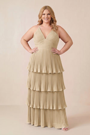 Champagne Tiered Pleated V-Neck A-Line Chiffon Bridesmaid Dress (3) [sizeplus] | KISSBRIDAL