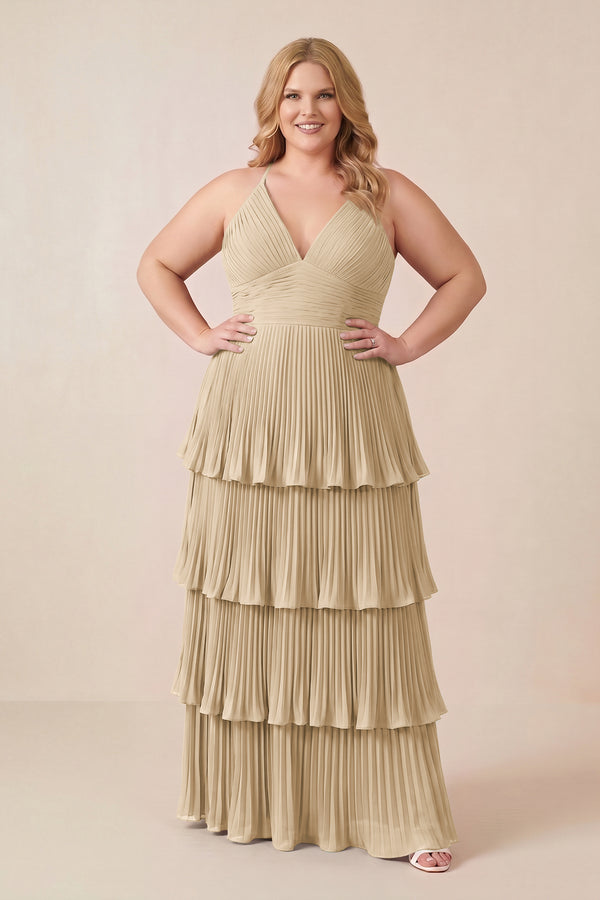 Champagne Tiered Pleated V-Neck A-Line Chiffon Bridesmaid Dress (3) [sizeplus] | KISSBRIDAL