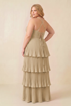 Champagne Tiered Pleated V-Neck A-Line Chiffon Bridesmaid Dress (4) [sizeplus] | KISSBRIDAL