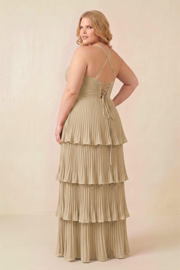 Champagne Tiered Pleated V-Neck A-Line Chiffon Bridesmaid Dress (4) [sizeplus] | KISSBRIDAL