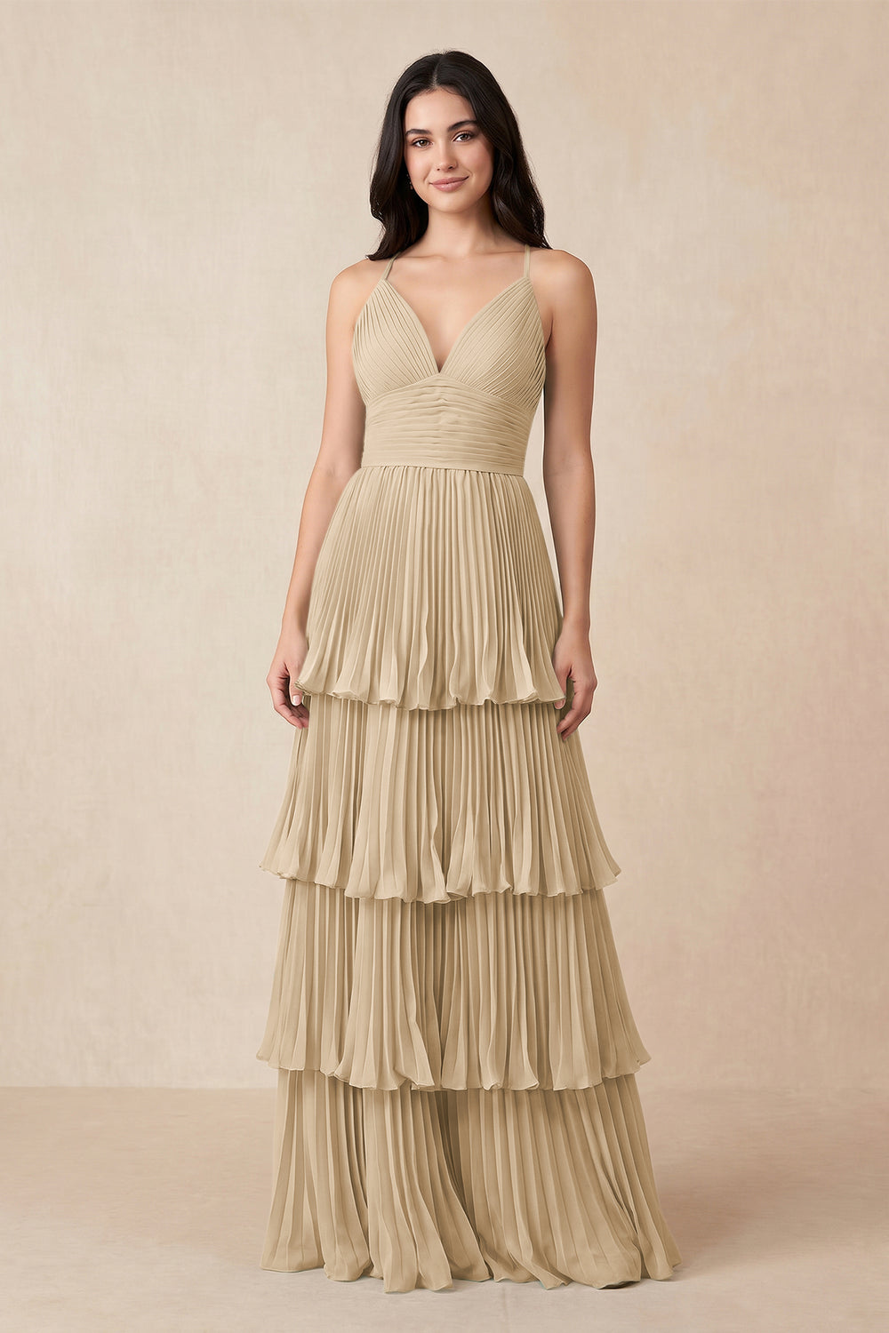 Tiered Pleated V-Neck A-Line Chiffon Bridesmaid Dress in Champagne