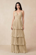 Champagne Tiered Pleated V-Neck A-Line Chiffon Bridesmaid Dress | KISSBRIDAL