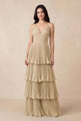 Champagne Tiered Pleated V-Neck A-Line Chiffon Bridesmaid Dress | KISSBRIDAL