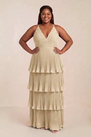 Champagne Tiered Pleated V-Neck A-Line Chiffon Bridesmaid Dress [sizeplus] | KISSBRIDAL