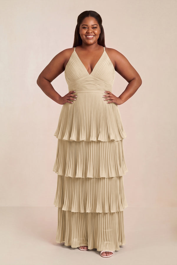 Champagne Tiered Pleated V-Neck A-Line Chiffon Bridesmaid Dress [sizeplus] | KISSBRIDAL