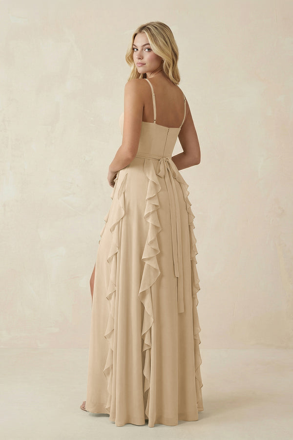 Champagne Tiered Ruffle A-Line Chiffon Bridesmaid Dress (2) | KISSBRIDAL