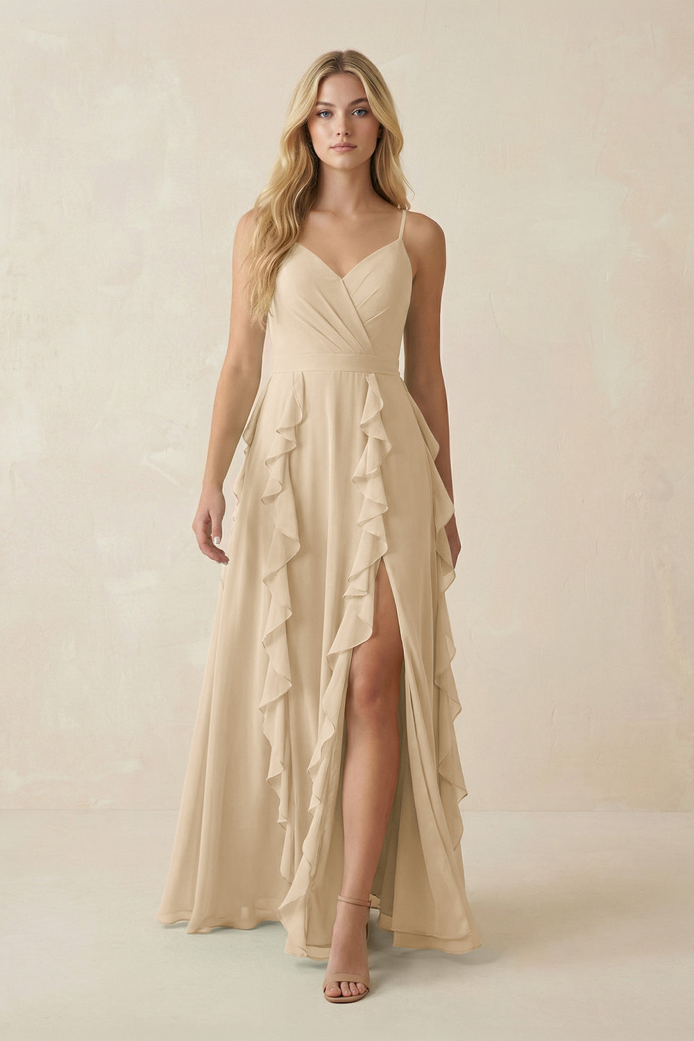 Tiered Ruffle A-Line Chiffon Bridesmaid Dress in Champagne
