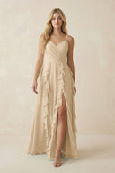 Champagne Tiered Ruffle A-Line Chiffon Bridesmaid Dress | KISSBRIDAL