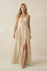 Champagne Tiered Ruffle A-Line Chiffon Bridesmaid Dress | KISSBRIDAL