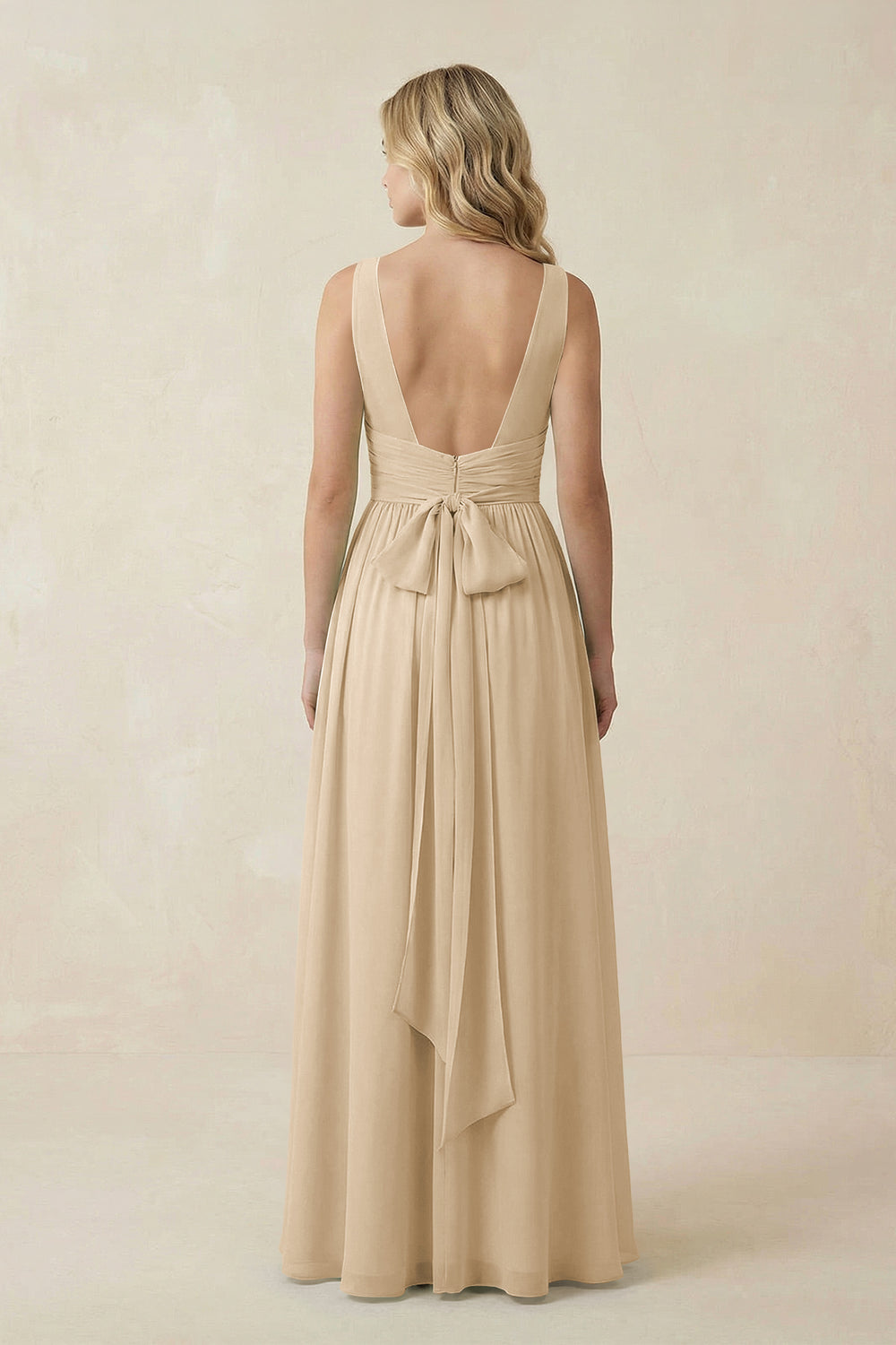 V-Neck A-Line Bridesmaid Dress with Back Bow in Champagne