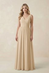 Champagne V-Neck A-Line Bridesmaid Dress with Back Bow | KISSBRIDAL