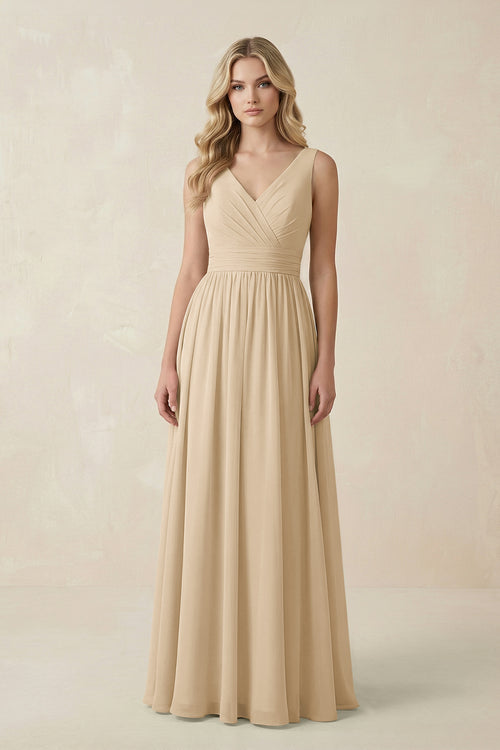 Champagne V-Neck A-Line Bridesmaid Dress with Back Bow | KISSBRIDAL