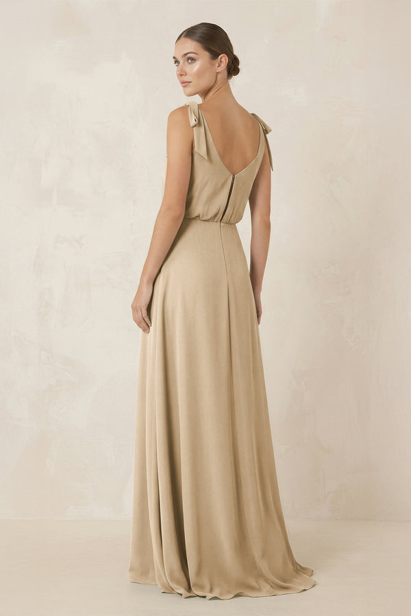 Champagne V-Neck A-Line Chiffon Bridesmaid Dress (2) | KISSBRIDAL