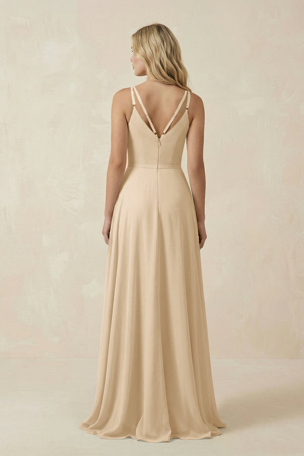 Champagne V-Neck A-Line Chiffon Bridesmaid Dress with Crisscross Back (2) | KISSBRIDAL