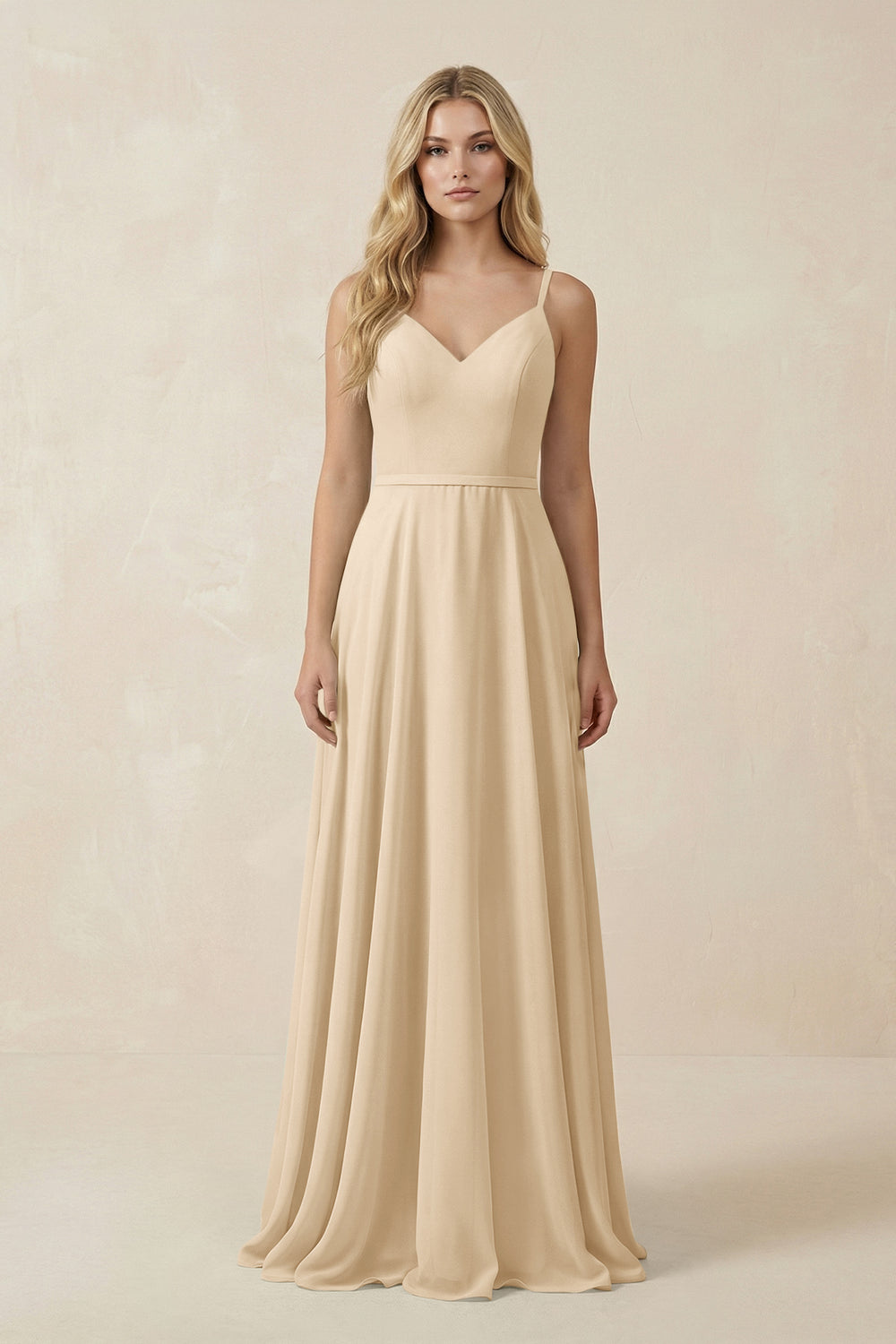 V-Neck A-Line Chiffon Bridesmaid Dress with Crisscross Back in Champagne