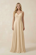 Champagne V-Neck A-Line Chiffon Bridesmaid Dress with Crisscross Back | KISSBRIDAL