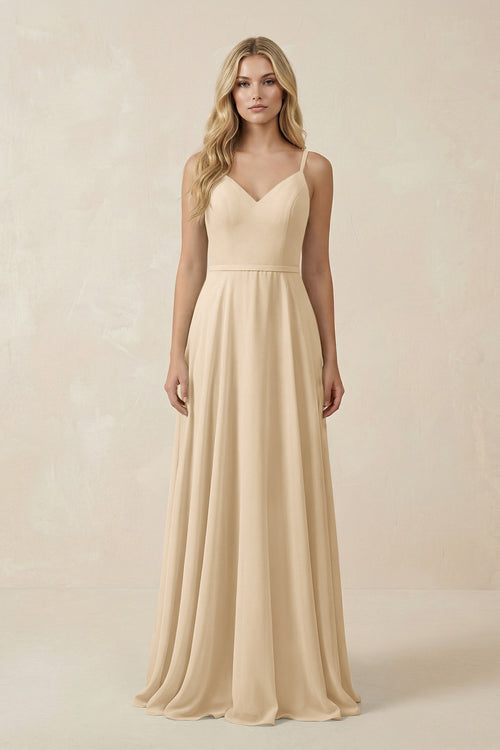 Champagne V-Neck A-Line Chiffon Bridesmaid Dress with Crisscross Back | KISSBRIDAL